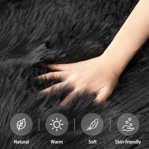 Ciicool Round Fur Fluffy Area Rug for BedroomRound Fur Fluffy Area Rug for Bedroom, Black Faux Fur Rugs Furry Circle Rug - Image 3