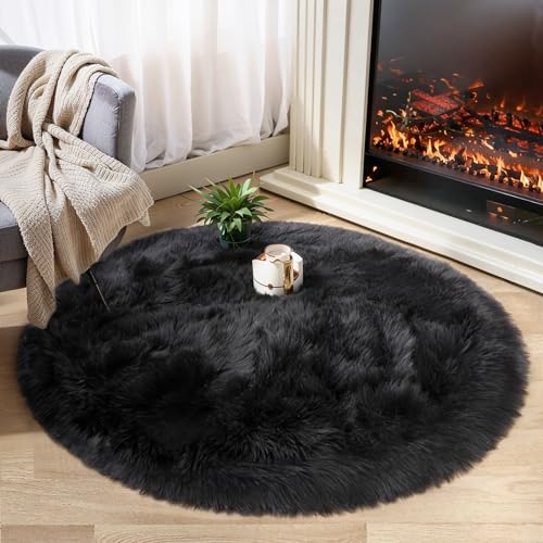 Ciicool Round Fur Fluffy Area Rug for BedroomRound Fur Fluffy Area Rug for Bedroom, Black Faux Fur Rugs Furry Circle Rug - Image 5