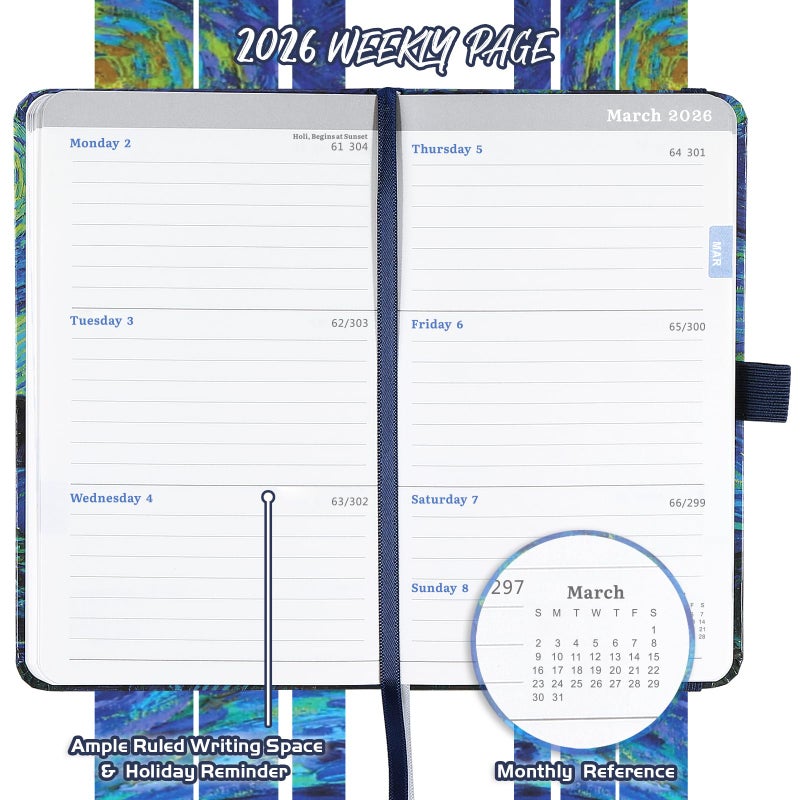 BooQool 2026 Pocket Planner/Calendar - 2026 Calendar Weekly and Monthly from January 2026 - December 2026 with Spreads, 3.8" x 6.3", Pen Holder, Inner Pocket, Elastic Closure - Image 4