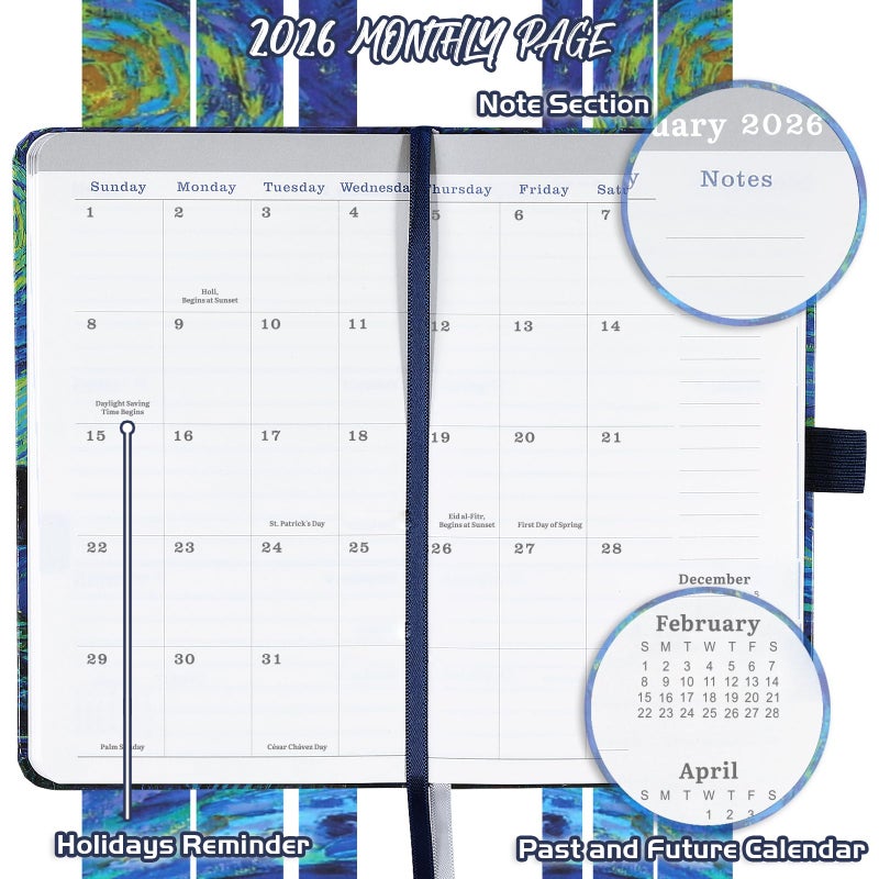 BooQool 2026 Pocket Planner/Calendar - 2026 Calendar Weekly and Monthly from January 2026 - December 2026 with Spreads, 3.8" x 6.3", Pen Holder, Inner Pocket, Elastic Closure - Image 3