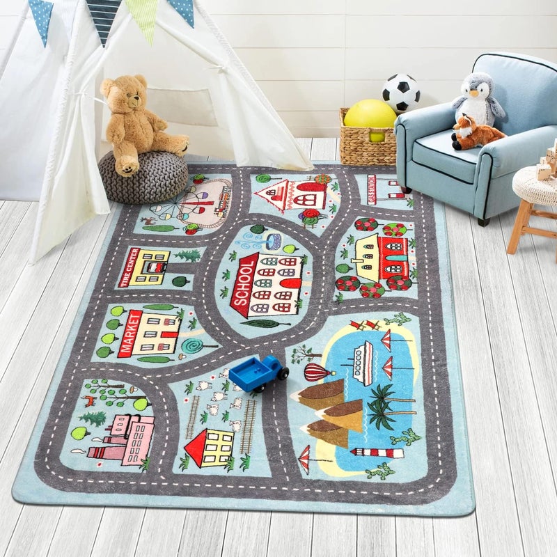 LIVEBOX Kids Rug 3'x5' Car Rug Play Mat for Playing Cars Toys, City Life Playroom Rugs Educational Carpet for Children Boy Girl, Road Traffic Nursery Rugs for Kids Room Play Area - Image 1