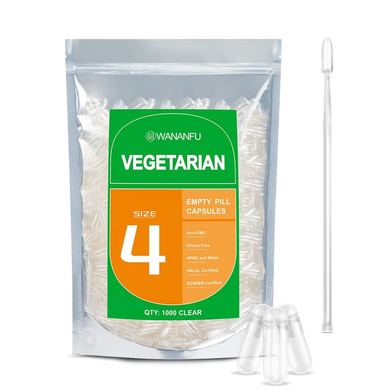 wananfu Size 4 Empty Capsules Vegetarian 500 Count Bundle with 2 Micro Lab Spoons Clear Fillable Veggie Pill Capsules Size 4 for Making Your Own Supplements