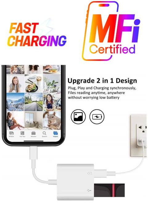[Apple MFi Certified] Lightning to USB Camera Adapter for iPhone, USB OTG Adapter with Fast Charging Port Portable Compatible with iPhone/iPad/Card Reader/USB Flash Drive/Keyboard/Mouse Plug and Play