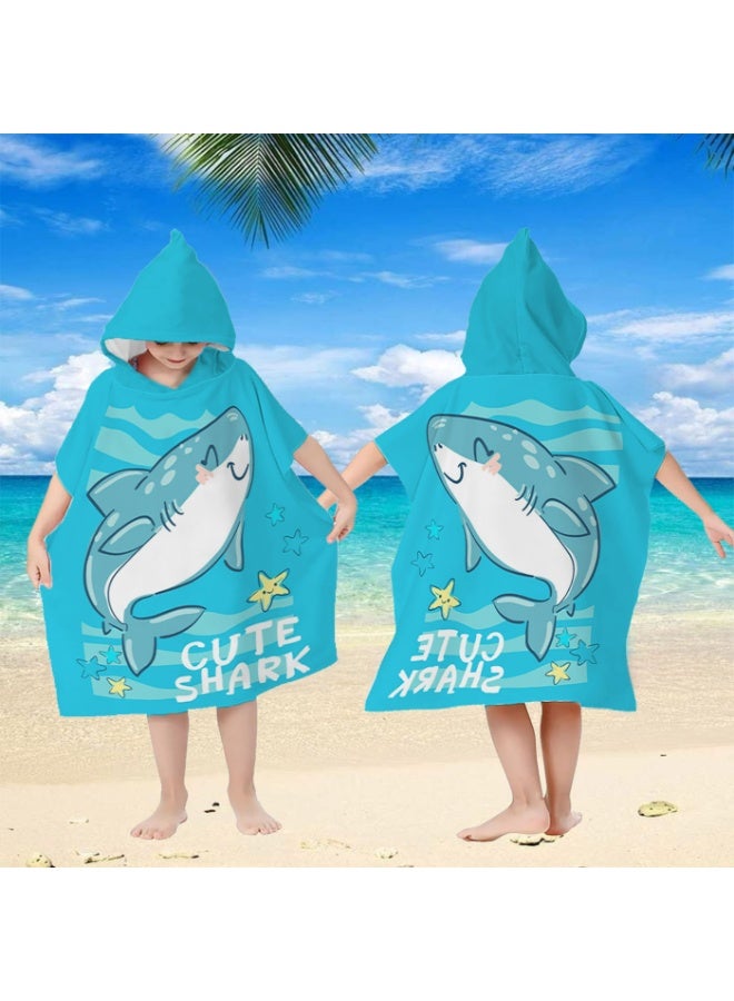 Kids Hooded Poncho Towel, Quick-Dry Beach Swim Poncho with Cute Shark Print, Lake Blue - Image 1