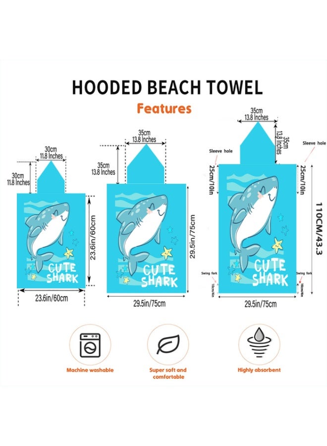 Kids Hooded Poncho Towel, Quick-Dry Beach Swim Poncho with Cute Shark Print, Lake Blue - Image 5