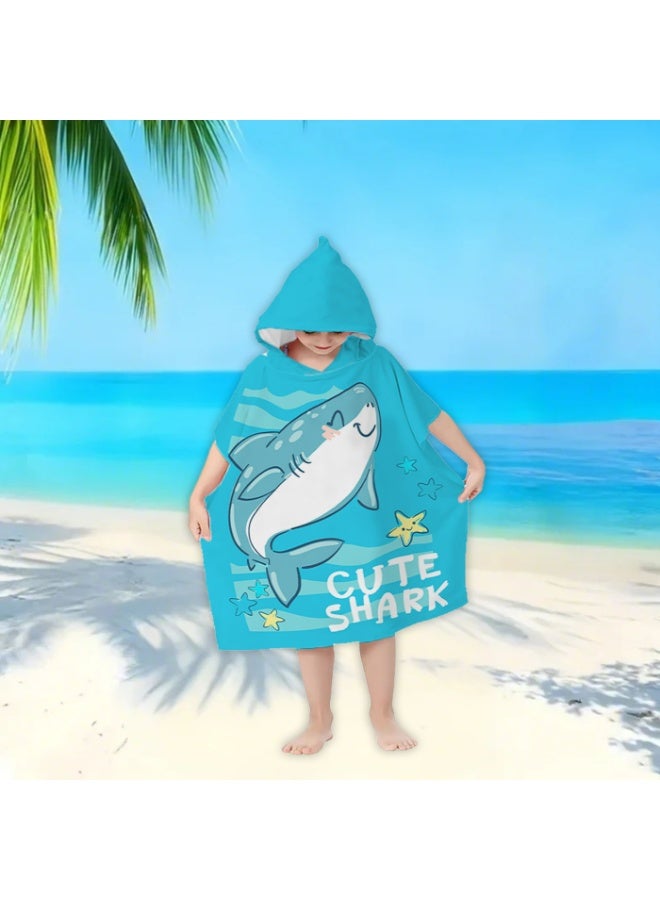 Kids Hooded Poncho Towel, Quick-Dry Beach Swim Poncho with Cute Shark Print, Lake Blue - Image 2
