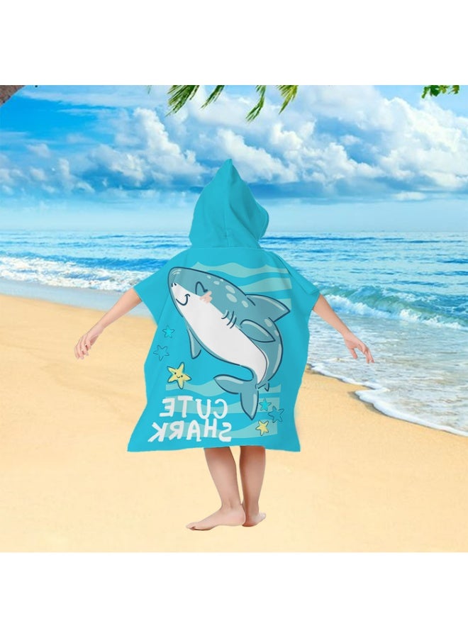Kids Hooded Poncho Towel, Quick-Dry Beach Swim Poncho with Cute Shark Print, Lake Blue - Image 3