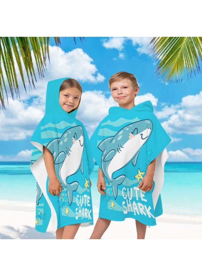 Kids Hooded Poncho Towel, Quick-Dry Beach Swim Poncho with Cute Shark Print, Lake Blue - Image 4
