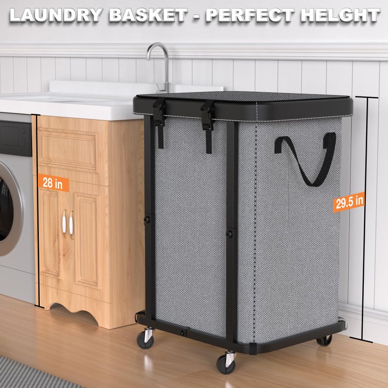 alentar 150L (40 Gal) Large Fashion Laundry Basket with Wheels, Leather Patchwork Rolling Hamper Carts, Sturdy Metal Frame, Removable Washable Bag, Tall Clothes Sorter for Bedroom, Laundry Room - Gary - Image 4