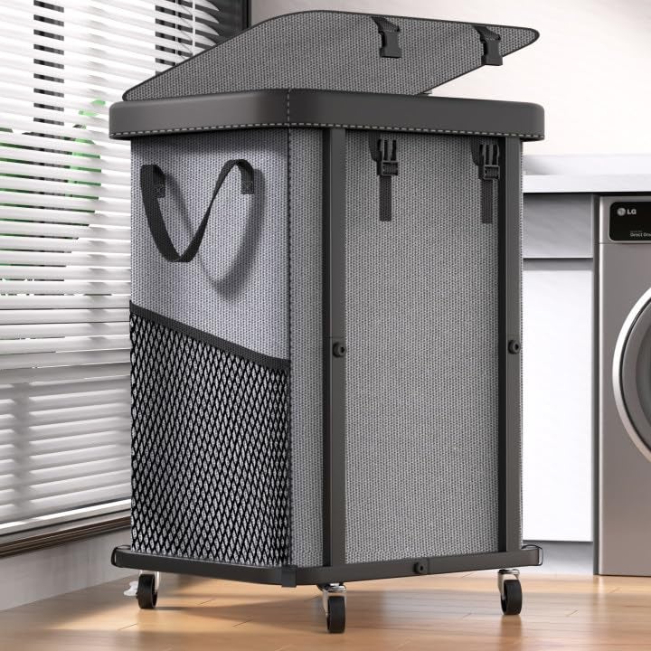 alentar 150L (40 Gal) Large Fashion Laundry Basket with Wheels, Leather Patchwork Rolling Hamper Carts, Sturdy Metal Frame, Removable Washable Bag, Tall Clothes Sorter for Bedroom, Laundry Room - Gary - Image 1