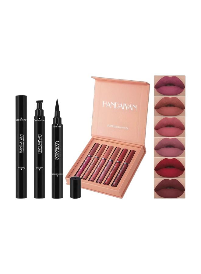 Handaiyan مجموعة كحل سائل مزدوج الرأس باللون الأسود وأحمر الشفاه غير اللامع 6 ألوان تدوم طويلاً ومقاومة للماء للنساء بتركيبة عالية الصبغة وملمس مخملي ناعم يدوم طويلاً ومرطب وخفيف الوزن ماكياج احترافي للشفاه هدية مميزة - Image 1