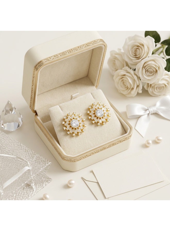 MTZ Gold Sunburst Stud Earrings, Cubic Zirconia Crystal Bridal Earrings, Hypoallergenic Gold Plated Fashion Jewelry for Women Wedding Party - Image 3