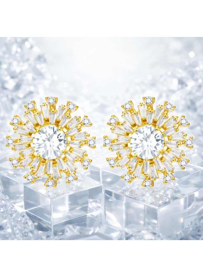 MTZ Gold Sunburst Stud Earrings, Cubic Zirconia Crystal Bridal Earrings, Hypoallergenic Gold Plated Fashion Jewelry for Women Wedding Party - Image 2