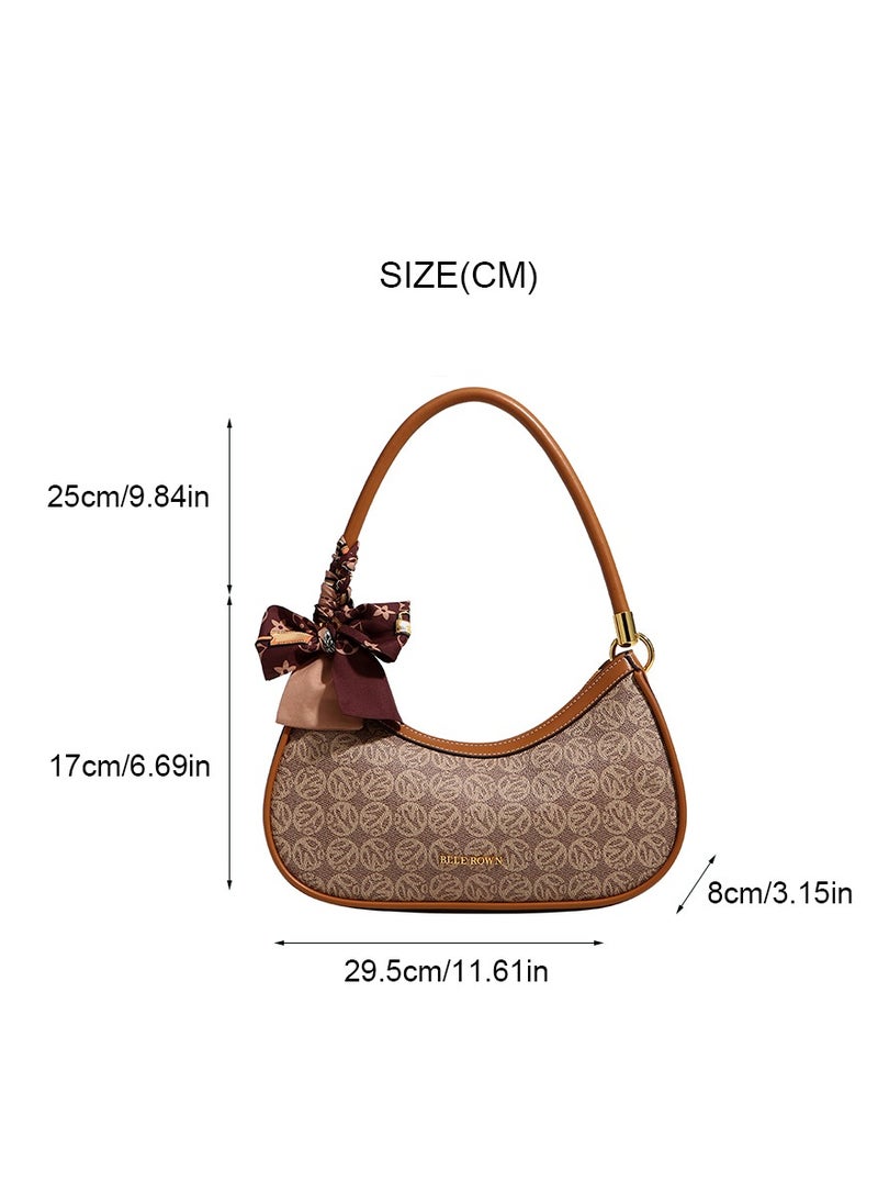 BLLE ROWN Quiet Luxury Elegant Portable Brown Color Shoulder Bag With Scarf Decoration,Fashionable Hobo Bag For Vacation, East West Bags Crossbody Bag For College students, for Women, Rookies & White-collar Workers  - Image 5