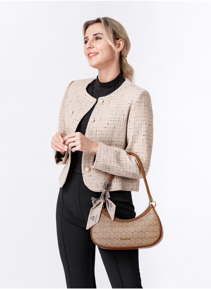 BLLE ROWN Quiet Luxury Elegant Portable Brown Color Shoulder Bag With Scarf Decoration,Fashionable Hobo Bag For Vacation, East West Bags Crossbody Bag For College students, for Women, Rookies & White-collar Workers  - Image 2