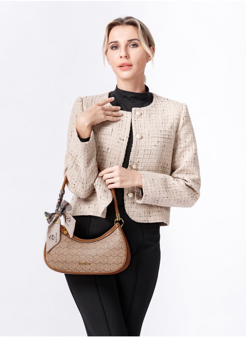 BLLE ROWN Quiet Luxury Elegant Portable Brown Color Shoulder Bag With Scarf Decoration,Fashionable Hobo Bag For Vacation, East West Bags Crossbody Bag For College students, for Women, Rookies & White-collar Workers  - Image 4