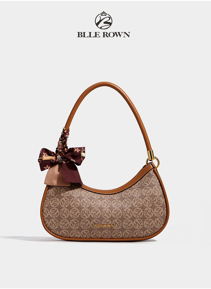 BLLE ROWN Quiet Luxury Elegant Portable Brown Color Shoulder Bag With Scarf Decoration,Fashionable Hobo Bag For Vacation, East West Bags Crossbody Bag For College students, for Women, Rookies & White-collar Workers  - Image 1