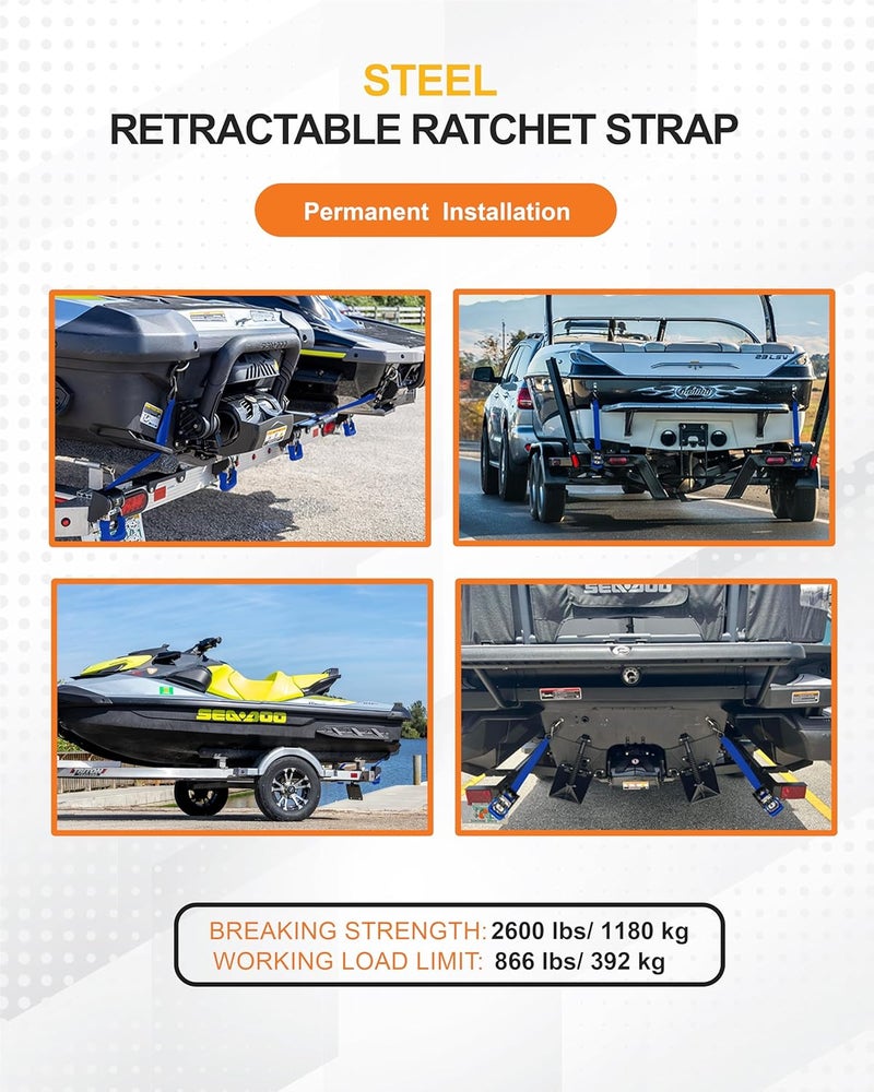 Strapinno 2PCS Retractable Ratchet Straps (1 7/8 in x 4 ft) Heavy Duty Transom Tie Downs for Boat, PWC Trailer - Extra Mounting Brackets & Bolt Set,Safety Latch S-Hook,Break Strength 2,600LBS/1,180KG - Image 5