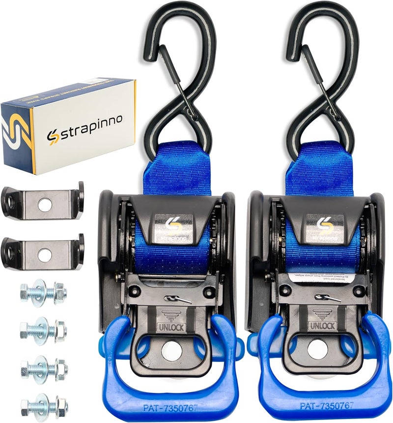 Strapinno 2PCS Retractable Ratchet Straps (1 7/8 in x 4 ft) Heavy Duty Transom Tie Downs for Boat, PWC Trailer - Extra Mounting Brackets & Bolt Set,Safety Latch S-Hook,Break Strength 2,600LBS/1,180KG - Image 1