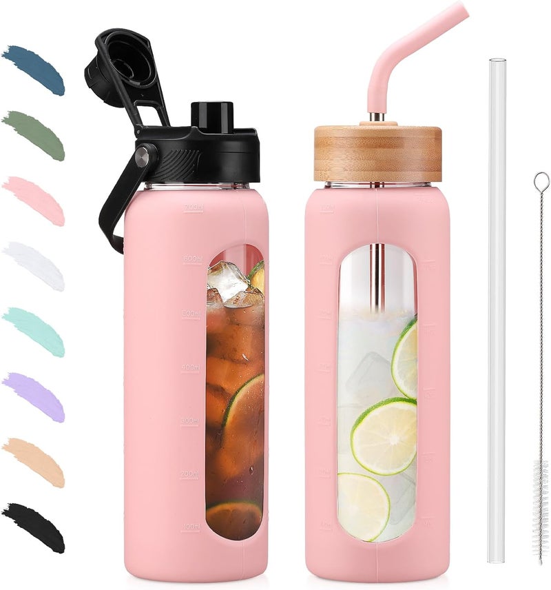 BLUEGO 700 ml Pink Glass Water Bottle with Straw, 2 Lids, BPA-Free, Modern, Reusable, Transparent, Fruits Theme, Dishwasher Safe, 700 ml Capacity - Image 1