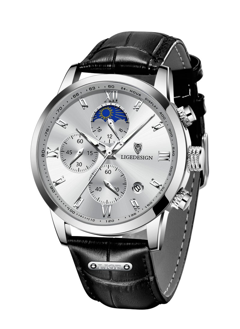 LIGEDESIGN Water Resistant Watches Men's Chronograph Quartz Watch for Men Business with Luxury Leather Band Black  - Image 3