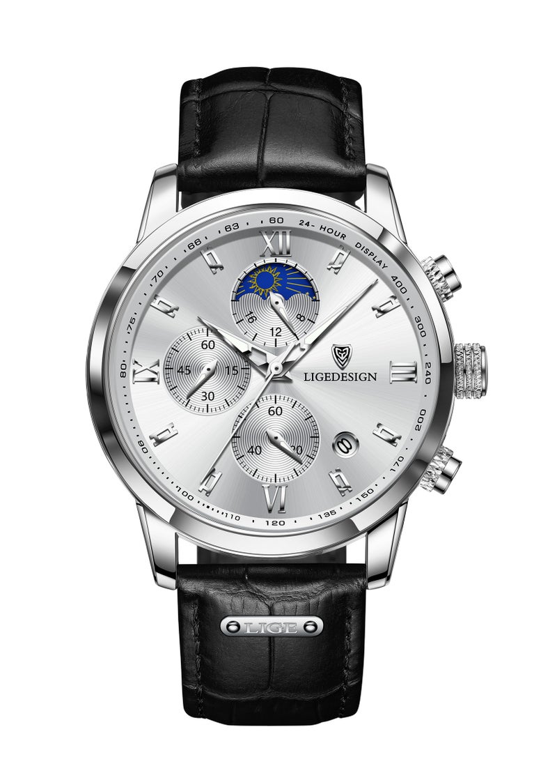 LIGEDESIGN Water Resistant Watches Men's Chronograph Quartz Watch for Men Business with Luxury Leather Band Black  - Image 1