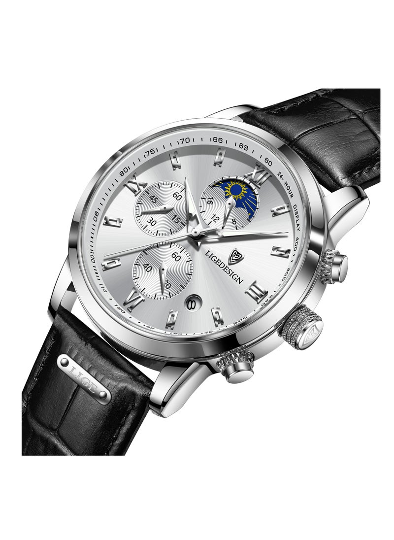 LIGEDESIGN Water Resistant Watches Men's Chronograph Quartz Watch for Men Business with Luxury Leather Band Black  - Image 2