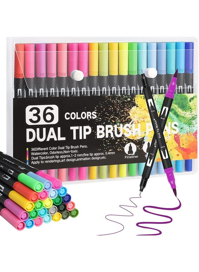 Corslet 36 Water Based Dual Tip Brush Pens: 1-2mm & 0.4mm Tips with Carrying Case for Art, Calligraphy and Sketching - Image 1