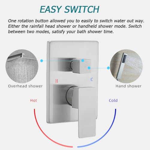 Heable Brushed Nickel Shower System Brass Bathroom Luxury Rain Mixer Shower Combo Set Wall Mounted Rainfall Shower Head System Shower Faucet Rough-in Valve Body and Trim Included - Image 4