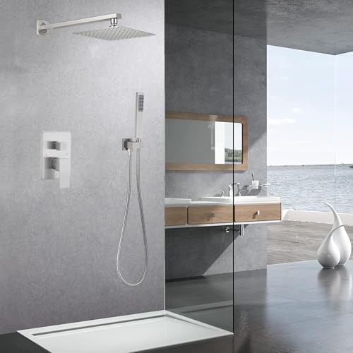 Heable Brushed Nickel Shower System Brass Bathroom Luxury Rain Mixer Shower Combo Set Wall Mounted Rainfall Shower Head System Shower Faucet Rough-in Valve Body and Trim Included - Image 2