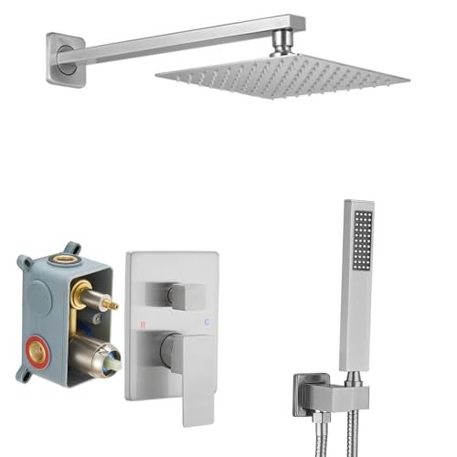 Heable Brushed Nickel Shower System Brass Bathroom Luxury Rain Mixer Shower Combo Set Wall Mounted Rainfall Shower Head System Shower Faucet Rough-in Valve Body and Trim Included - Image 1