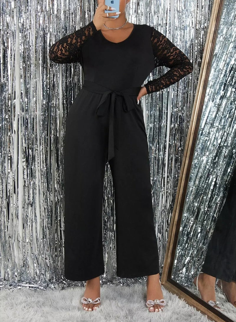 Plus Contrast Lace Wide Leg Belted Jumpsuit  - Image 4