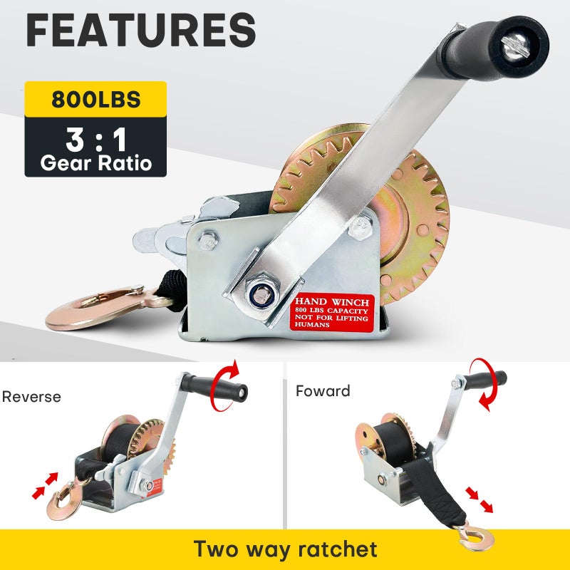 Acymner Hand Winch, 800LBS Heavy Duty Boat Trailer Winch with 16FT Strap, Two-Way Ratchet Gear for Trailer Boat Towing with Crank Handle - Image 4