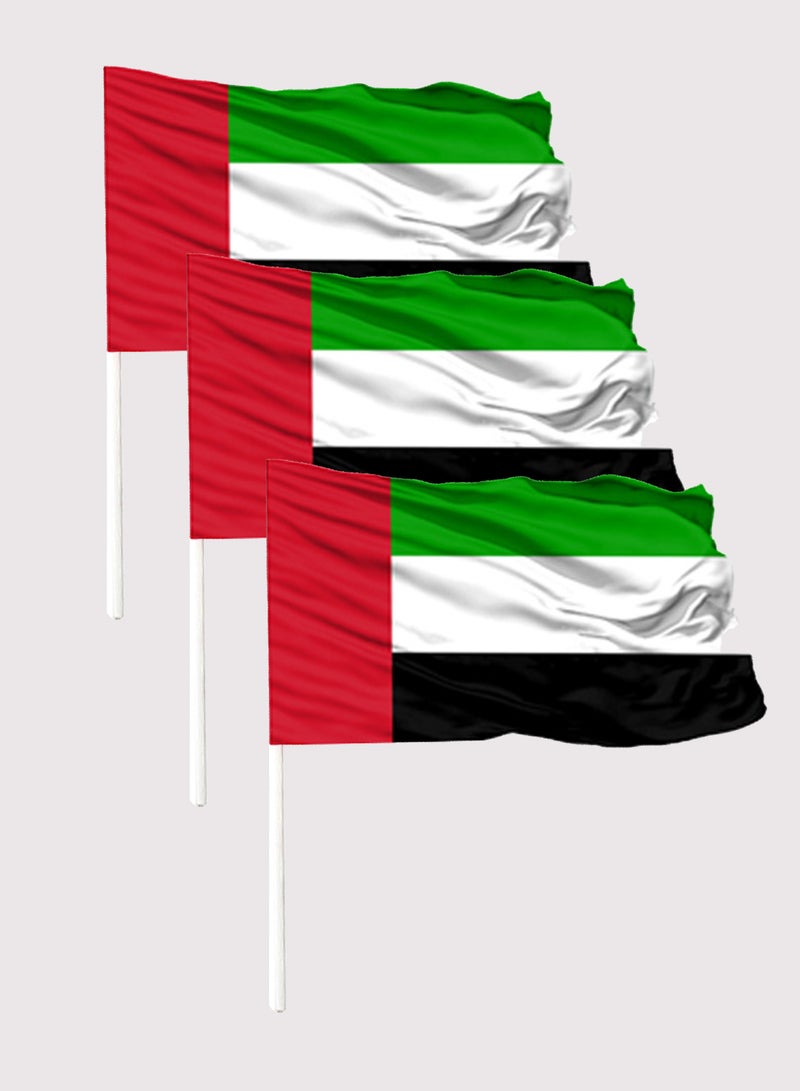 Souvenir Souq Big Size UAE National Day satin flags 60x40 cm Set of 3 with 70 cm sticks, featuring vibrant colors and a shiny finish. Lightweight, durable—perfect for indoor and outdoor Decoration , including villas, apartments, offices, school events, parades, and UAE National Day celebrations. - Image 1