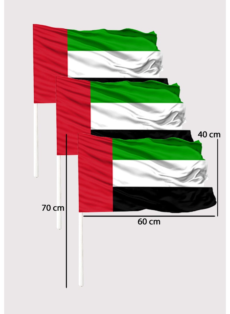 Souvenir Souq Big Size UAE National Day satin flags 60x40 cm Set of 3 with 70 cm sticks, featuring vibrant colors and a shiny finish. Lightweight, durable—perfect for indoor and outdoor Decoration , including villas, apartments, offices, school events, parades, and UAE National Day celebrations. - Image 2