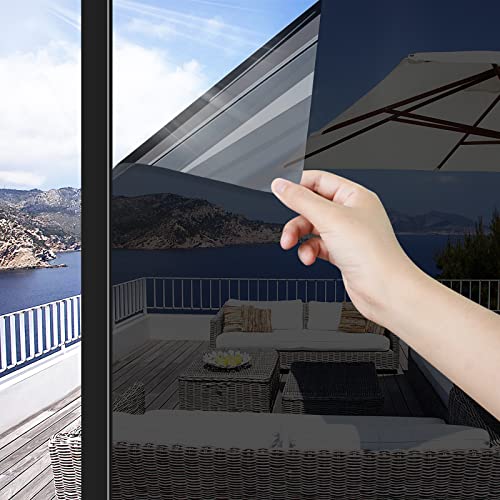 ConCus-T One Way Window Film Window Tint Sun Blocking Window Privacy Film Anti-UV Solar Film Heat Control Window Film Mirror Tint Home Office Static Cling, Black Silver 23.62 Inch x 6.5 Feet - Image 1