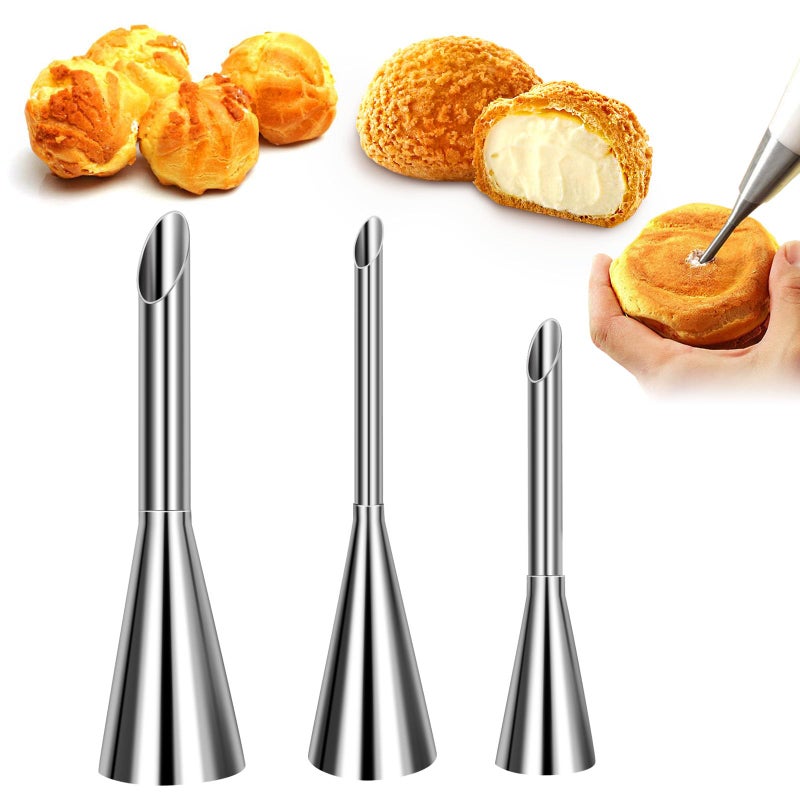 Suuker Cream Piping Tips, Stainless Steel Long Cream Puff Nozzle Decor Small Pastry Icing Piping Decorating Tools (3 Pieces) - Image 1