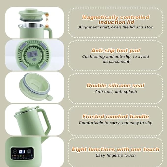 NALACAL صانع حليب الصويا الصغير 21 أونصة ماكينة صنع حليب المكسرات الأوتوماتيكي صانع حليب المكسرات صانع حليب اللوز المنزلي 10 شفرات أوراق التنظيف الذاتي حافظ على الحرارة تغلي الماء تأخير بدء الترشيح الحر أخضر 600 مل - Image 5