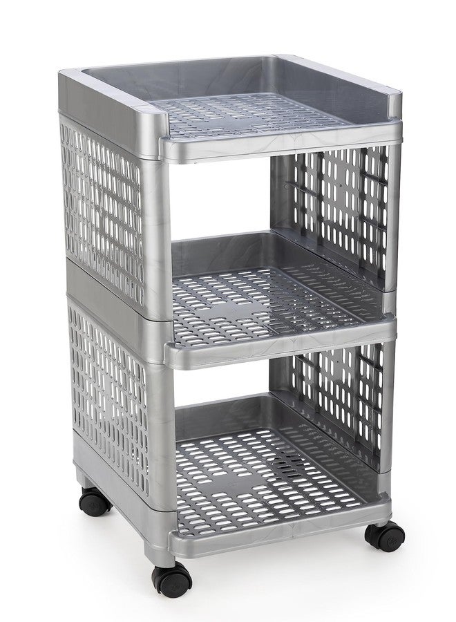 SHRUTI 3-Layer Multipurpose Vegetable Stand Rack with 4 Wheels - Grey Color - Plastic Storage Organizer Basket for Modular Kitchen & Office, Perfect for Potatoes, Onions, and Home Snacks - Image 1