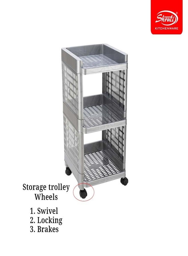 SHRUTI 3-Layer Multipurpose Vegetable Stand Rack with 4 Wheels - Grey Color - Plastic Storage Organizer Basket for Modular Kitchen & Office, Perfect for Potatoes, Onions, and Home Snacks - Image 3