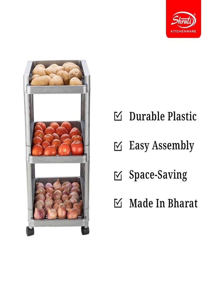 SHRUTI 3-Layer Multipurpose Vegetable Stand Rack with 4 Wheels - Grey Color - Plastic Storage Organizer Basket for Modular Kitchen & Office, Perfect for Potatoes, Onions, and Home Snacks - Image 2