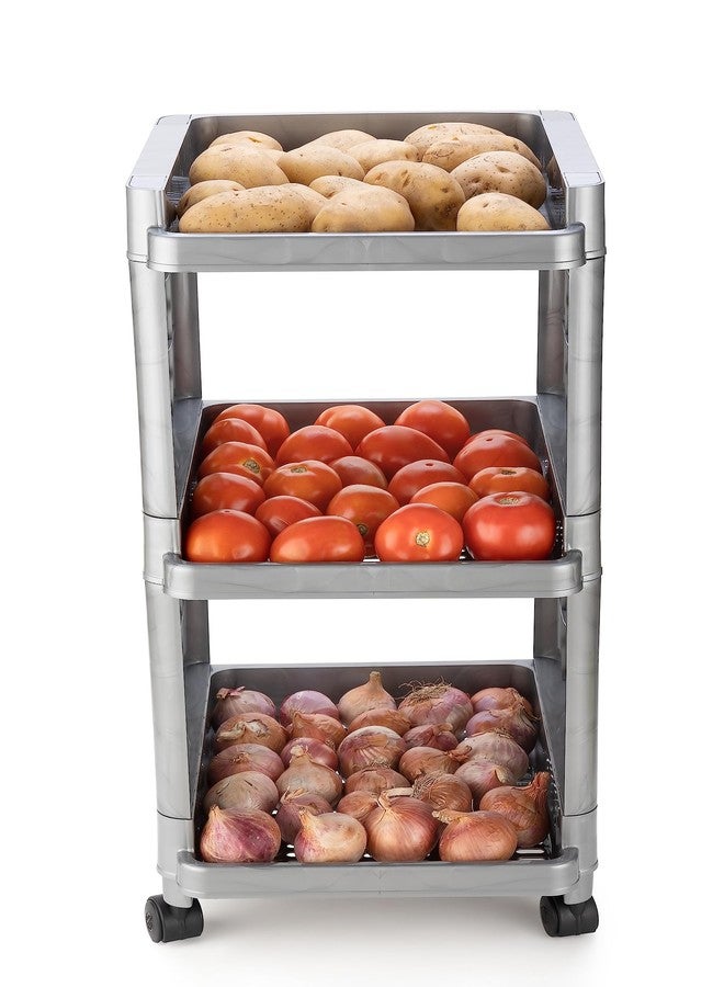 SHRUTI 3-Layer Multipurpose Vegetable Stand Rack with 4 Wheels - Grey Color - Plastic Storage Organizer Basket for Modular Kitchen & Office, Perfect for Potatoes, Onions, and Home Snacks - Image 4