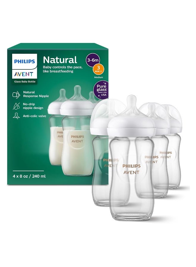 Avent زجاجات حليب الأطفال من فيليبس أفينت الطبيعية بزجاجة زجاجية مع حلمات استجابة طبيعية (تدفق متوسط، تدفق 3)، 8 أونصات، 4 عبوات، SCY913/04 - Image 1