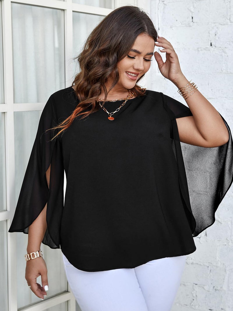 SCOMCHIC Plus Size Blouses for Women Summer Chiffon 3/4 Sleeve Tunic Tops Dressy Scoop Neck Casual Loose Flowy Shirts Black - Image 4