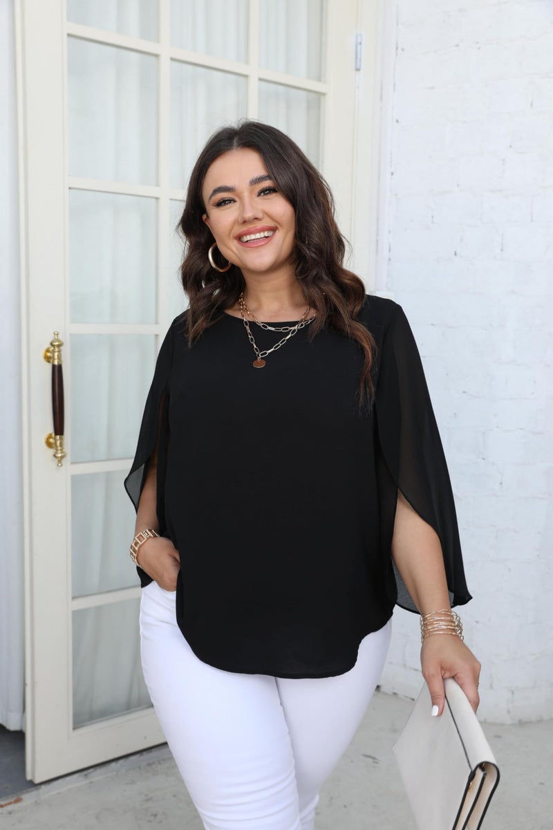 SCOMCHIC Plus Size Blouses for Women Summer Chiffon 3/4 Sleeve Tunic Tops Dressy Scoop Neck Casual Loose Flowy Shirts Black - Image 2