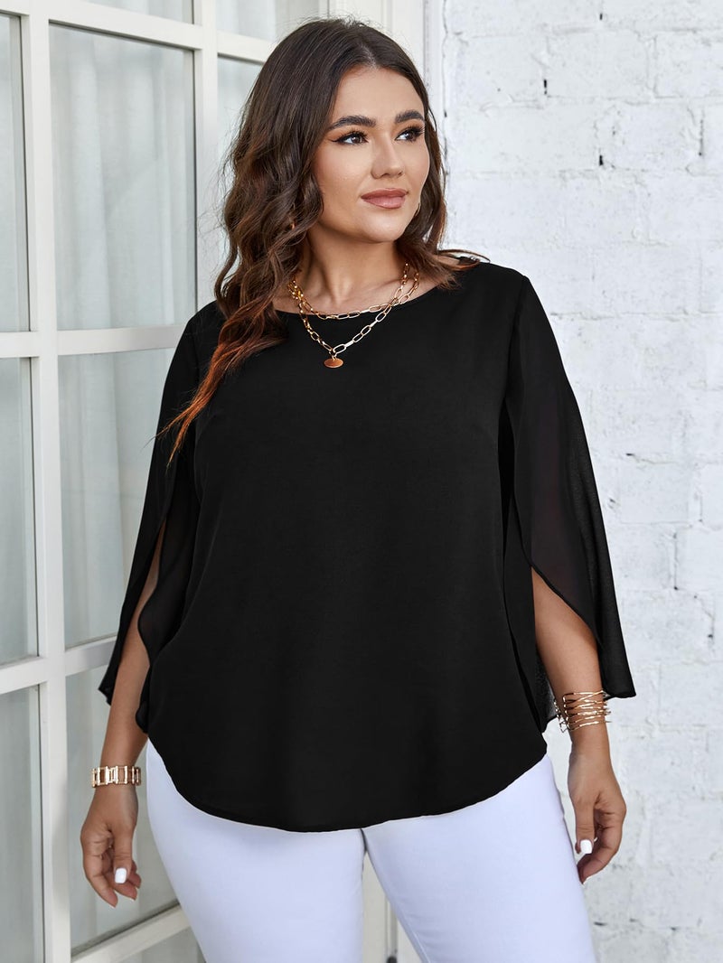 SCOMCHIC Plus Size Blouses for Women Summer Chiffon 3/4 Sleeve Tunic Tops Dressy Scoop Neck Casual Loose Flowy Shirts Black - Image 5