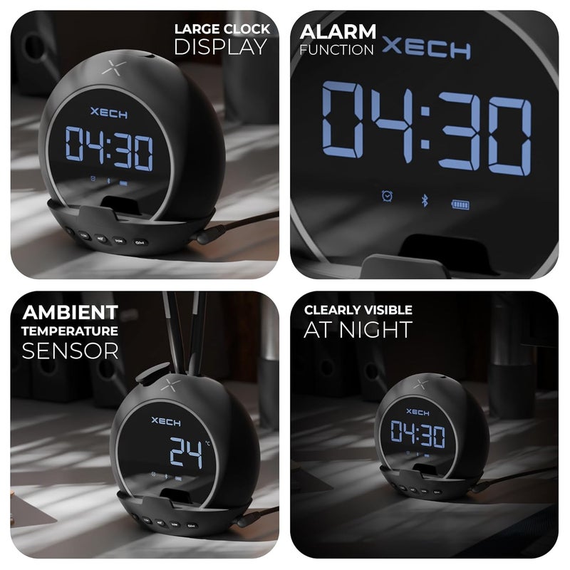 Xech ساعة منبه مع مكبر صوت للنائمين بعمق | ساعة طاولة صغيرة للطلاب | ساعات سرير تعمل بالطاقة USB مع حامل هاتف وحامل أقلام | هدايا عيد ميلاد للأطفال (بيضاوي، أسود) - Image 4