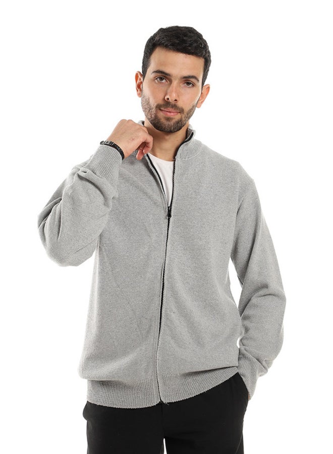 Andora Light Grey Ribbed Hem Zipped Sweater - Image 1