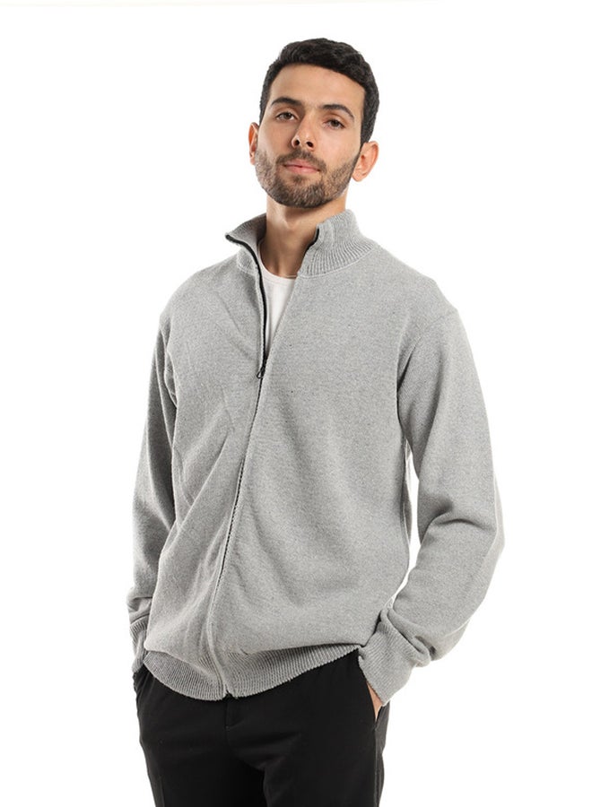 Andora Light Grey Ribbed Hem Zipped Sweater - Image 2