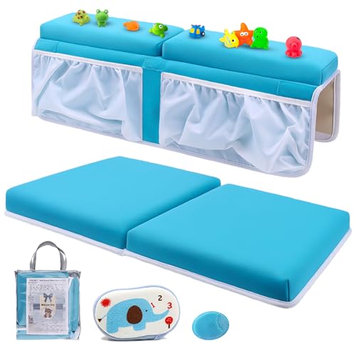 Yalumo Bath Kneeler and Elbow Rest Set Thick Baby Bath Kneeling Pad Bathing Kneeling Mat Cushion Washable Padded Bathtub Knee Saver with Arm Support and Pockets Organizer for Bathroom Bathtime Comfort, Blue - Image 1